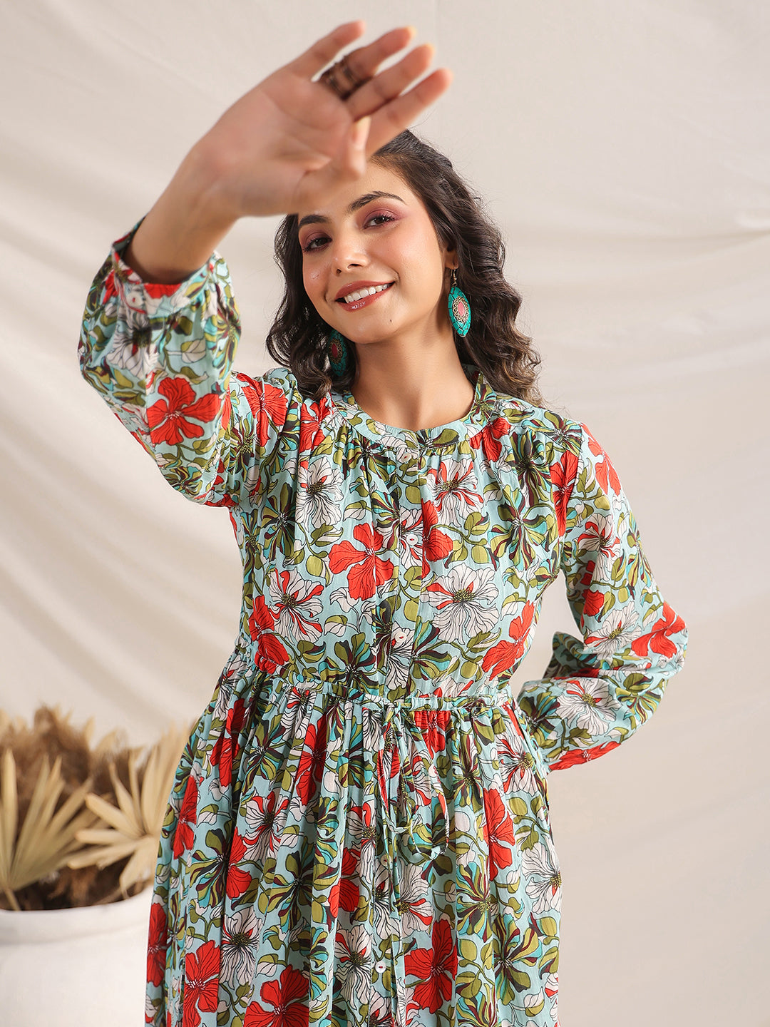 Janasya Pleated Cambric Blue Floral Band Collar Dress | Swadesiicart