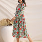 Janasya Pleated Cambric Blue Floral Band Collar Dress | Swadesiicart
