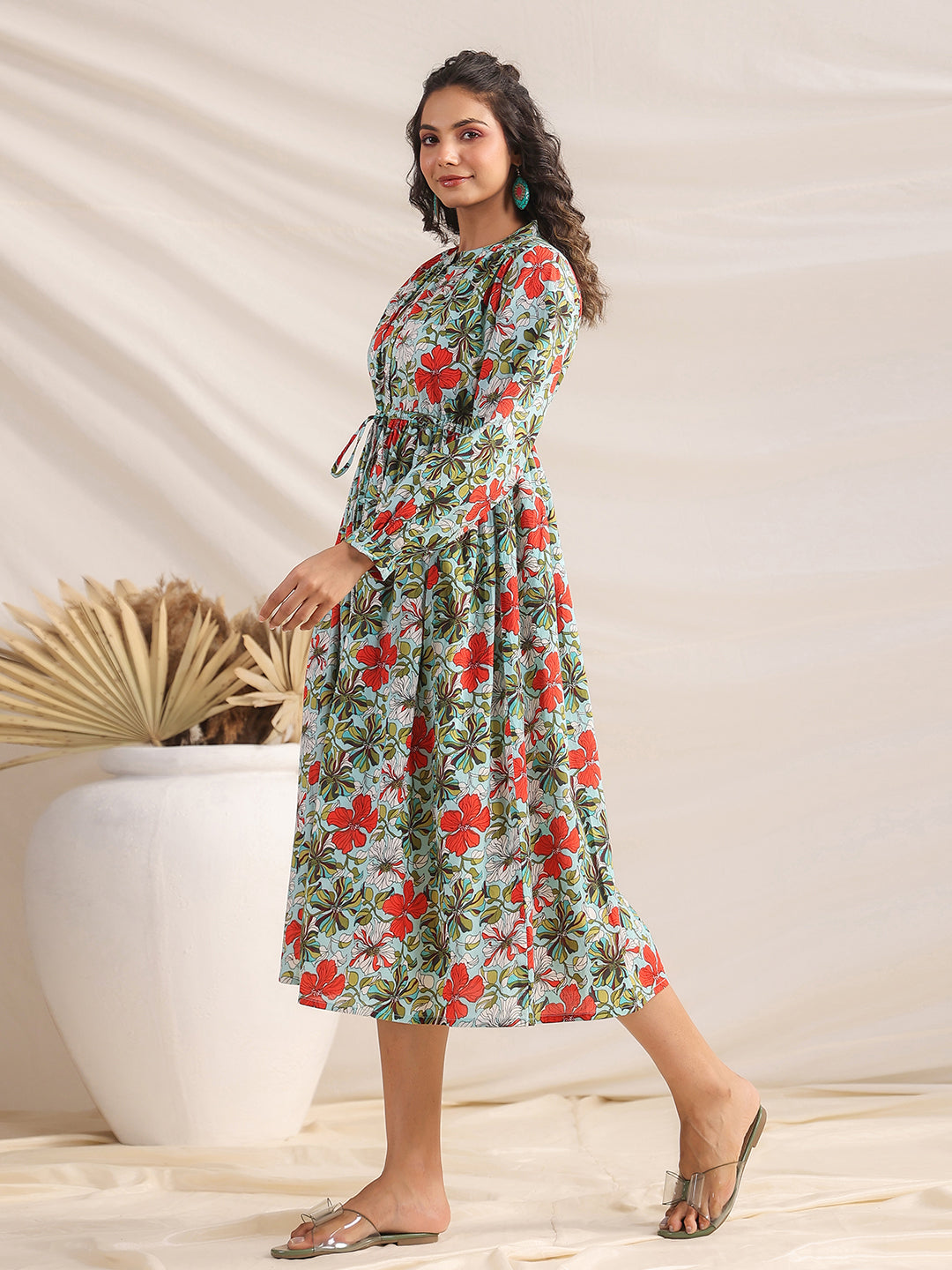 Janasya Pleated Cambric Blue Floral Band Collar Dress | Swadesiicart