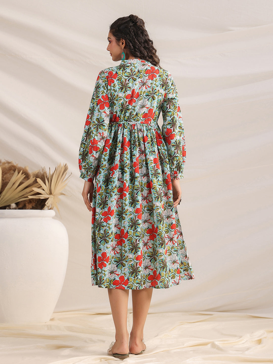 Janasya Pleated Cambric Blue Floral Band Collar Dress | Swadesiicart
