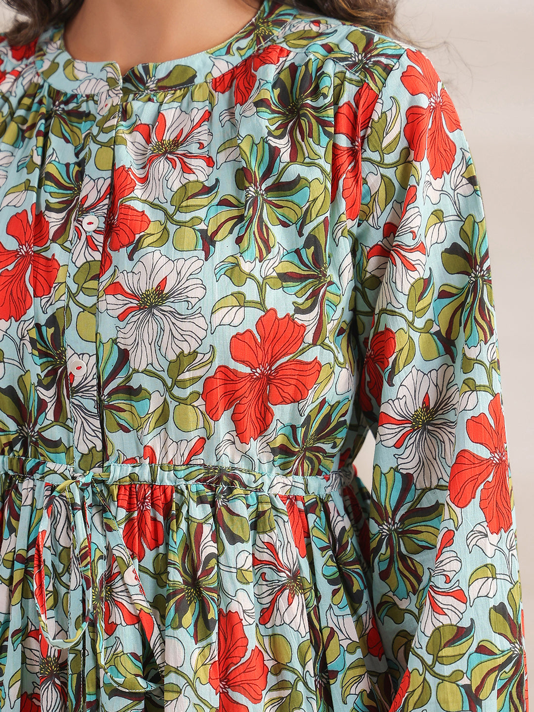 Janasya Pleated Cambric Blue Floral Band Collar Dress | Swadesiicart