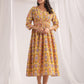 Janasya Gathered Cambric Mustard Ethnic Motifs V-Neck Dress | Swadesiicart