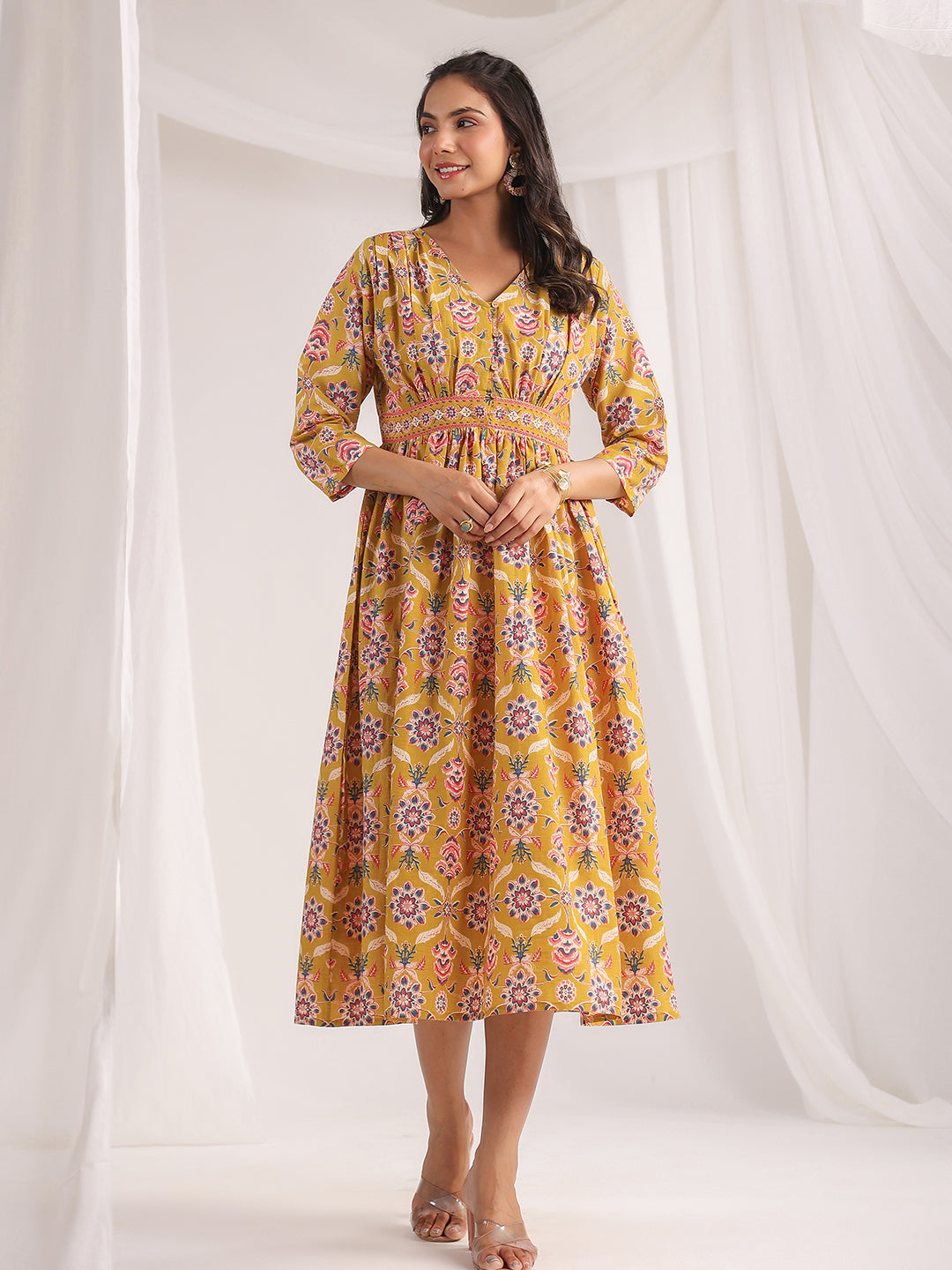 Janasya Gathered Cambric Mustard Ethnic Motifs V-Neck Dress | Swadesiicart