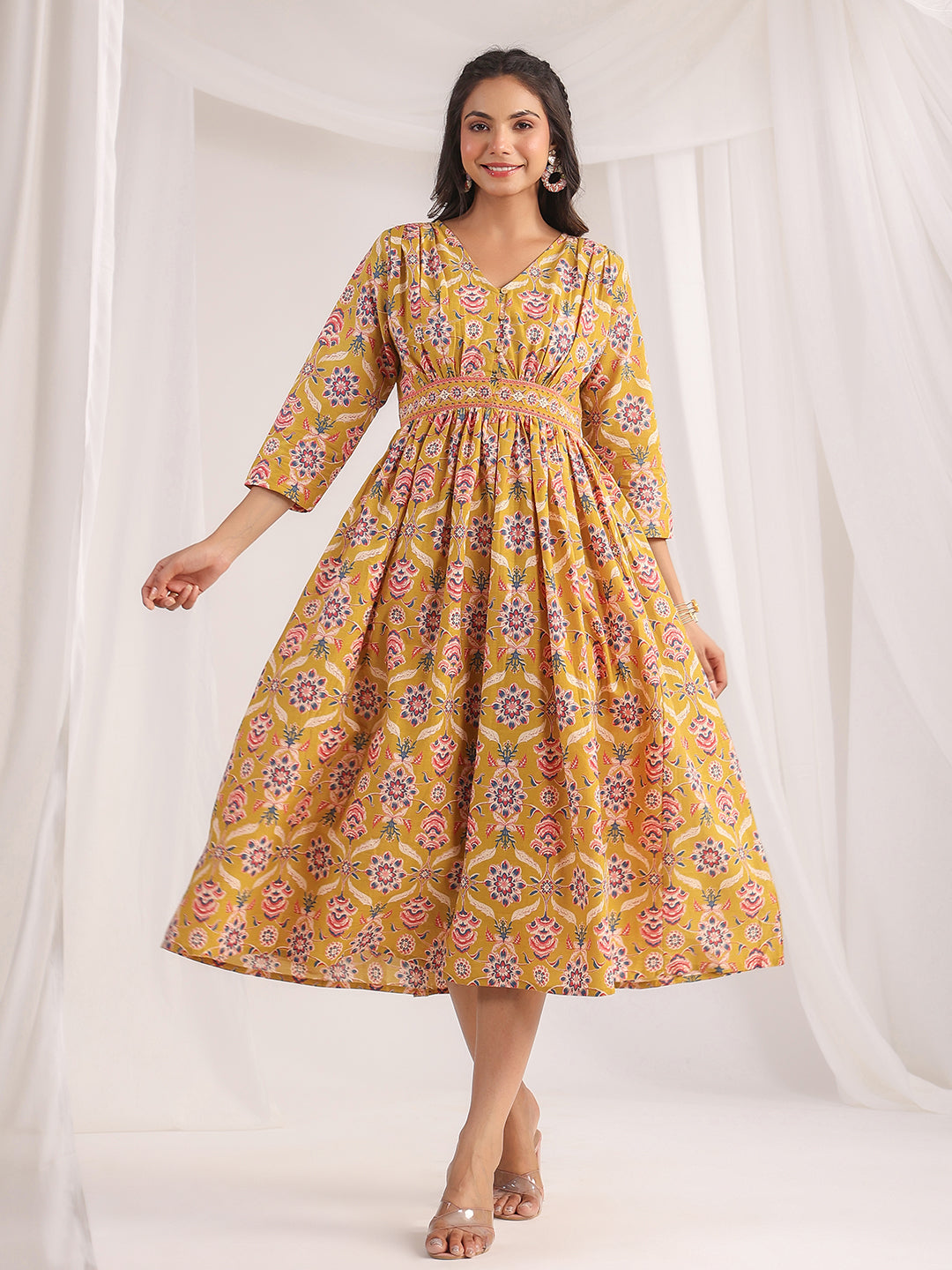 Janasya Gathered Cambric Mustard Ethnic Motifs V-Neck Dress | Swadesiicart