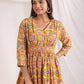 Janasya Gathered Cambric Mustard Ethnic Motifs V-Neck Dress | Swadesiicart