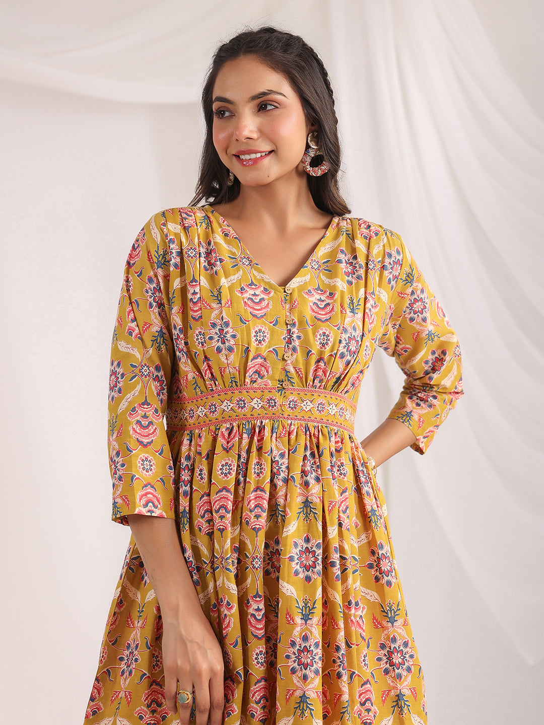 Janasya Gathered Cambric Mustard Ethnic Motifs V-Neck Dress | Swadesiicart