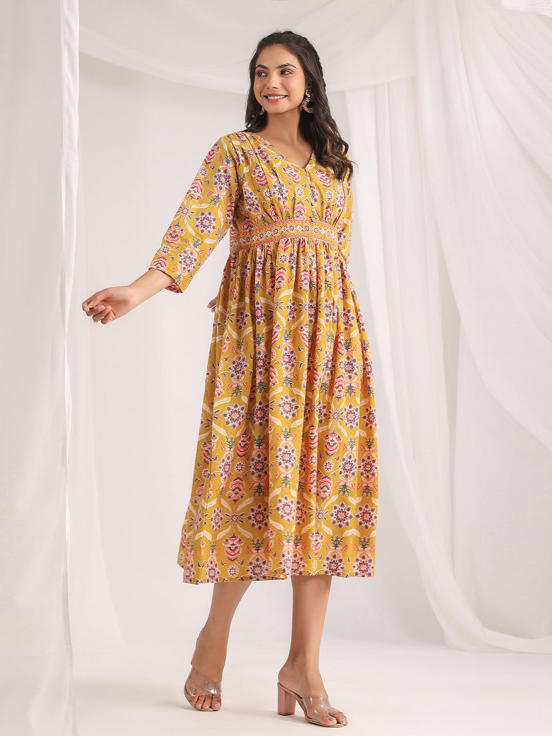 Janasya Gathered Cambric Mustard Ethnic Motifs V-Neck Dress | Swadesiicart