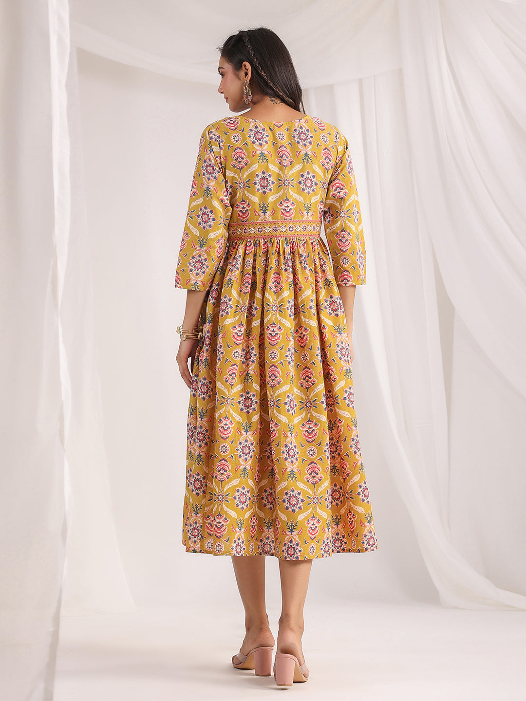Janasya Gathered Cambric Mustard Ethnic Motifs V-Neck Dress | Swadesiicart