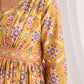 Janasya Gathered Cambric Mustard Ethnic Motifs V-Neck Dress | Swadesiicart
