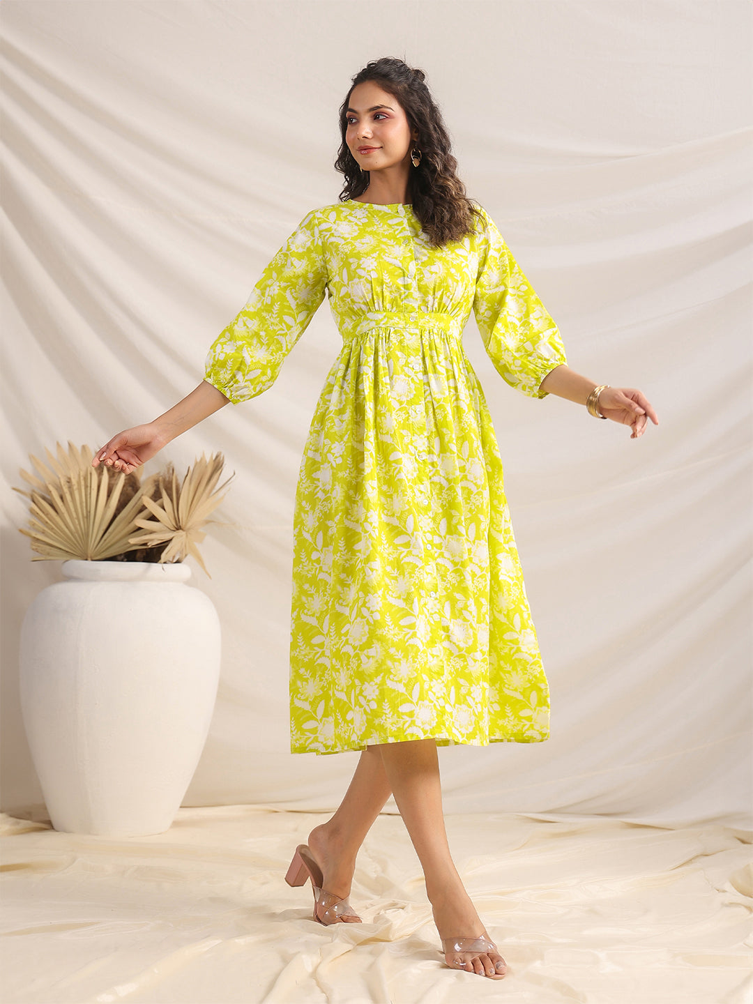 Janasya Lime Cambric Floral Dress | Swadesiicart