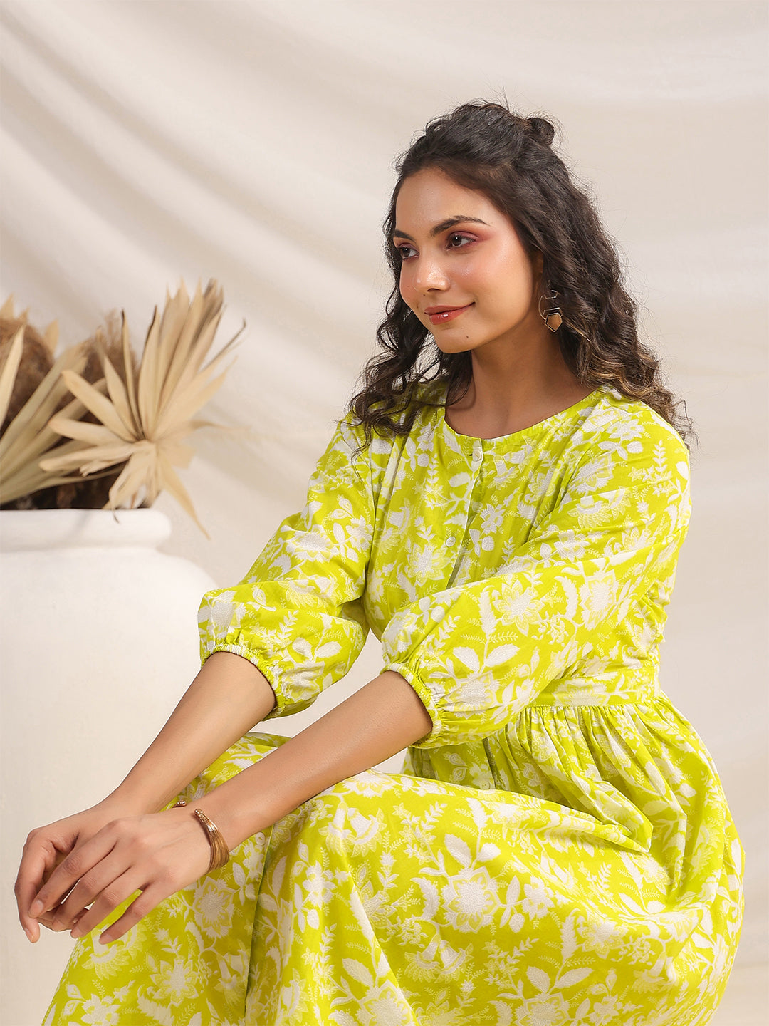 Janasya Bright Cotton Floral Gathered Dress | Swadesiicart