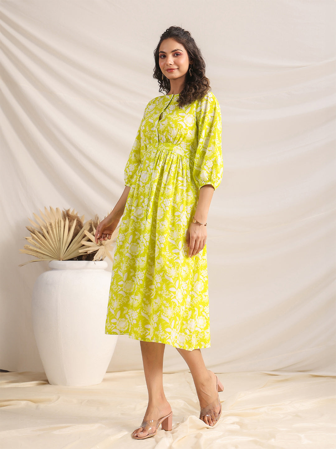 Janasya Bright Cotton Floral Gathered Dress | Swadesiicart