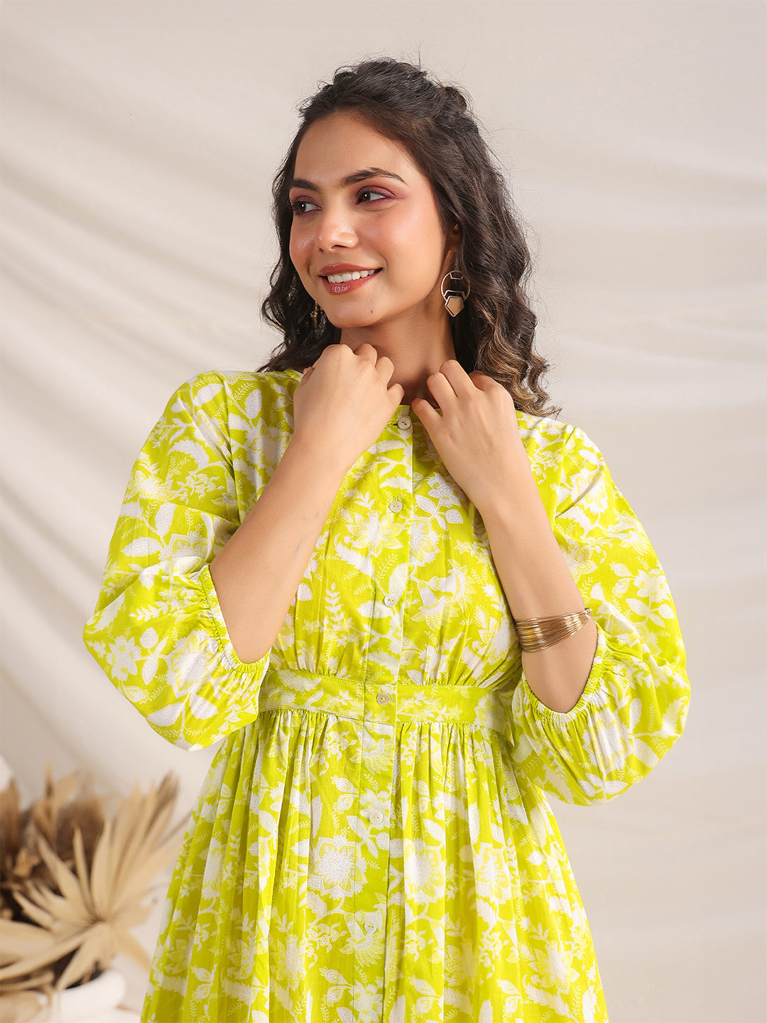 Janasya Bright Cotton Floral Gathered Dress | Swadesiicart