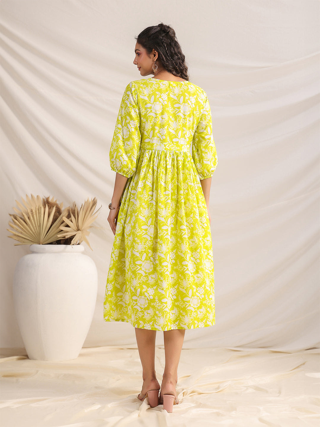 Janasya Bright Cotton Floral Gathered Dress | Swadesiicart