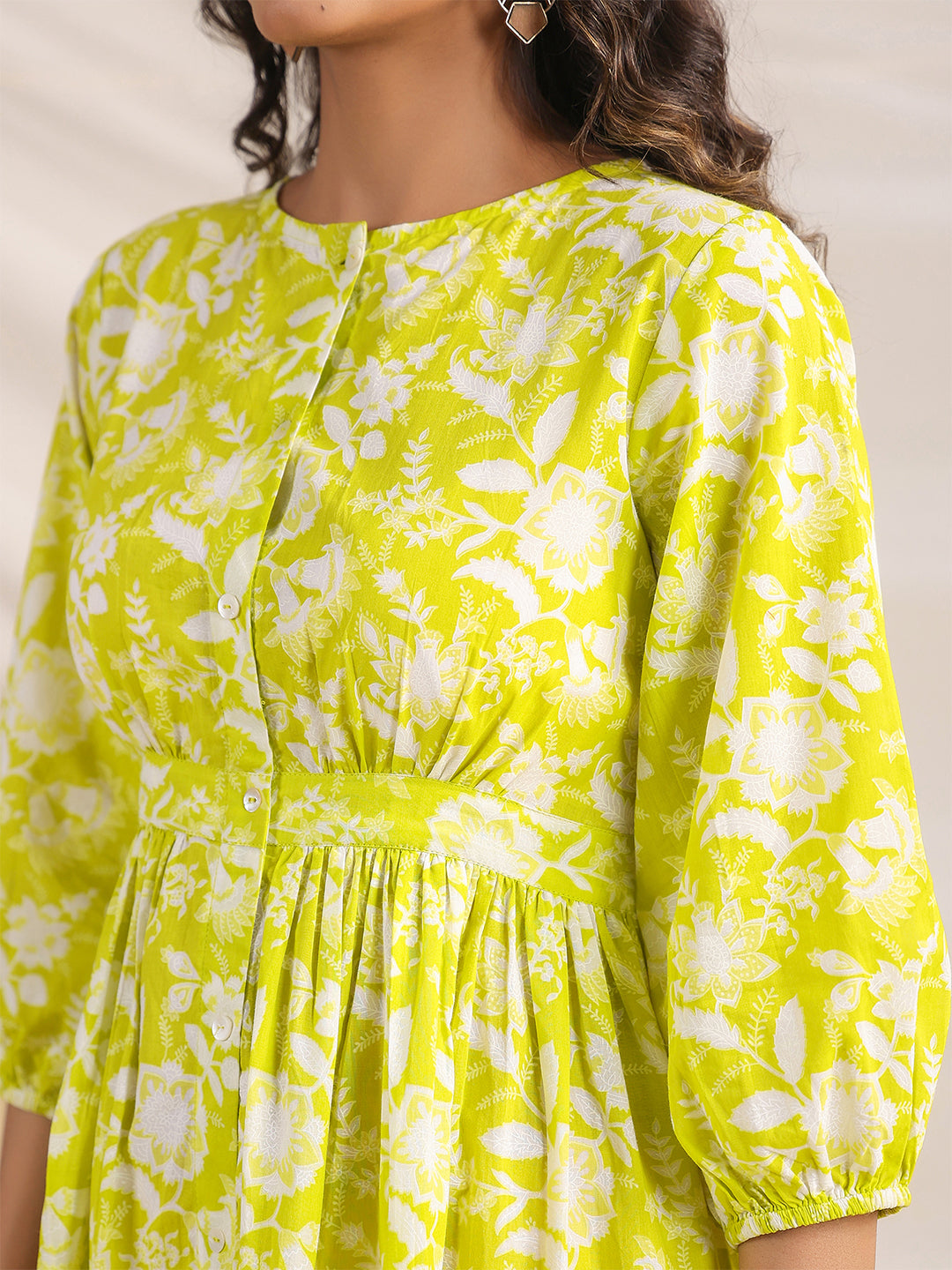Janasya Lime Cambric Floral Dress | Swadesiicart