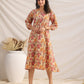 Janasya Gathered Cambric Yellow Floral V-Neck Dress | Swadesiicart