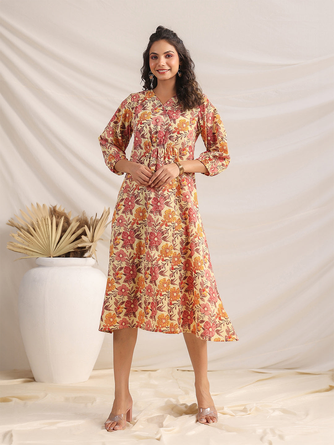 Janasya Gathered Cambric Yellow Floral V-Neck Dress | Swadesiicart