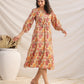 Janasya Gathered Cambric Yellow Floral V-Neck Dress | Swadesiicart