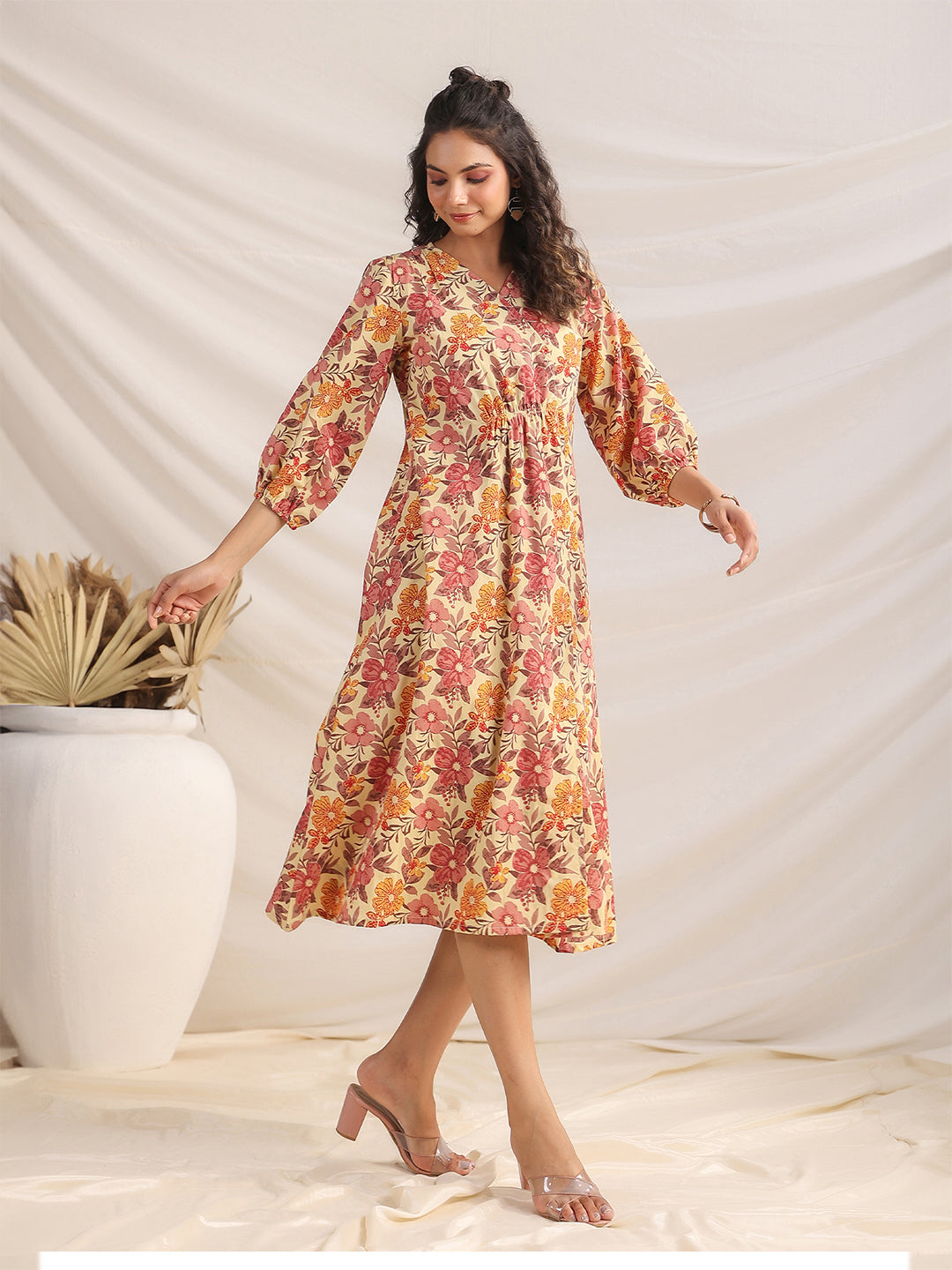 Janasya Gathered Cambric Yellow Floral V-Neck Dress | Swadesiicart