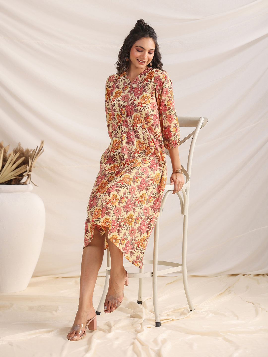 Janasya Gathered Cambric Yellow Floral V-Neck Dress | Swadesiicart