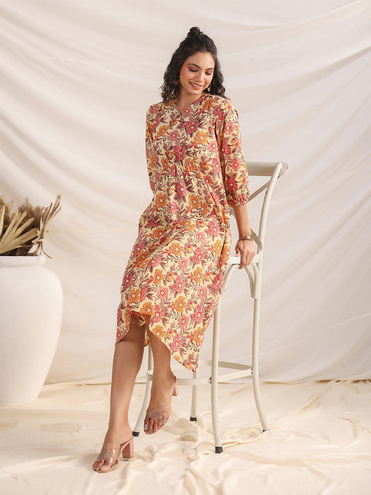 Janasya Gathered Cambric Yellow Floral V-Neck Dress | Swadesiicart