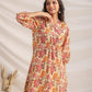 Janasya Gathered Cambric Yellow Floral V-Neck Dress | Swadesiicart