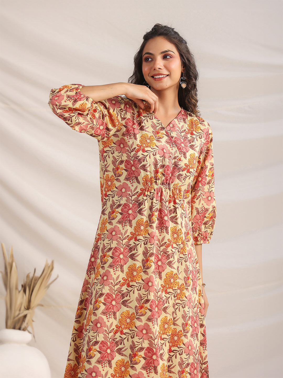 Janasya Gathered Cambric Yellow Floral V-Neck Dress | Swadesiicart