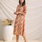 Janasya Gathered Cambric Yellow Floral V-Neck Dress | Swadesiicart