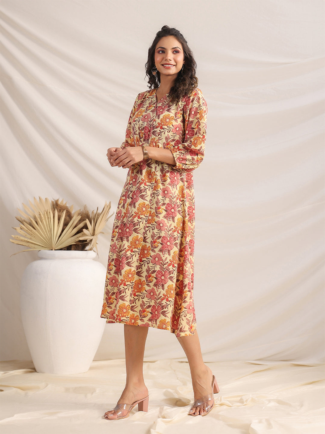 Janasya Gathered Cambric Yellow Floral V-Neck Dress | Swadesiicart