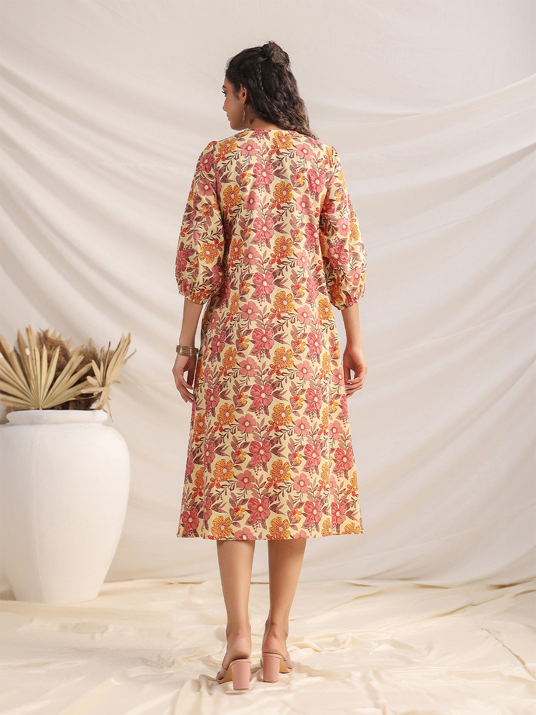 Janasya Gathered Cambric Yellow Floral V-Neck Dress | Swadesiicart