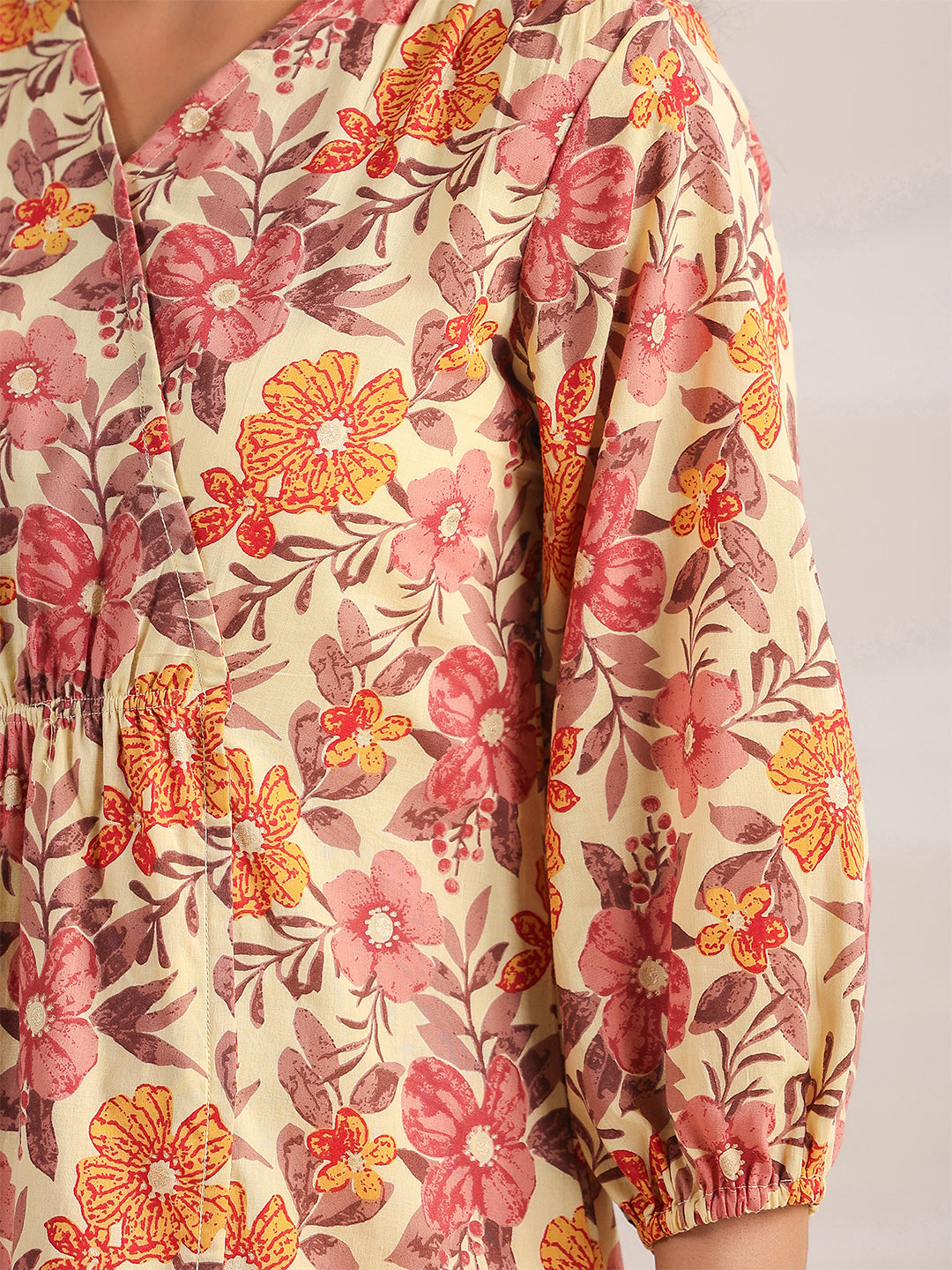 Janasya Gathered Cambric Yellow Floral V-Neck Dress | Swadesiicart