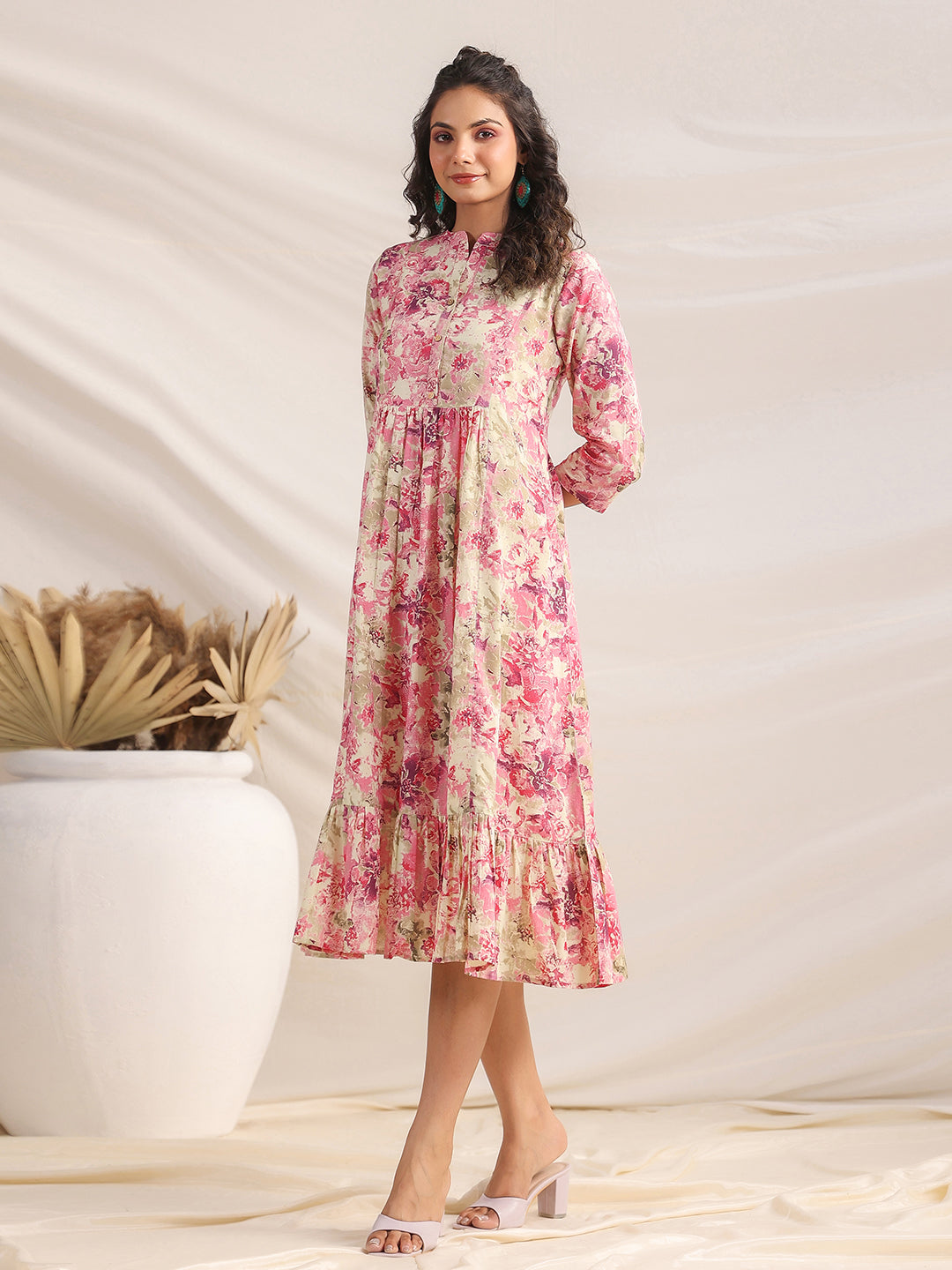 Janasya Pink Cambric Abstract Dress | Swadesiicart