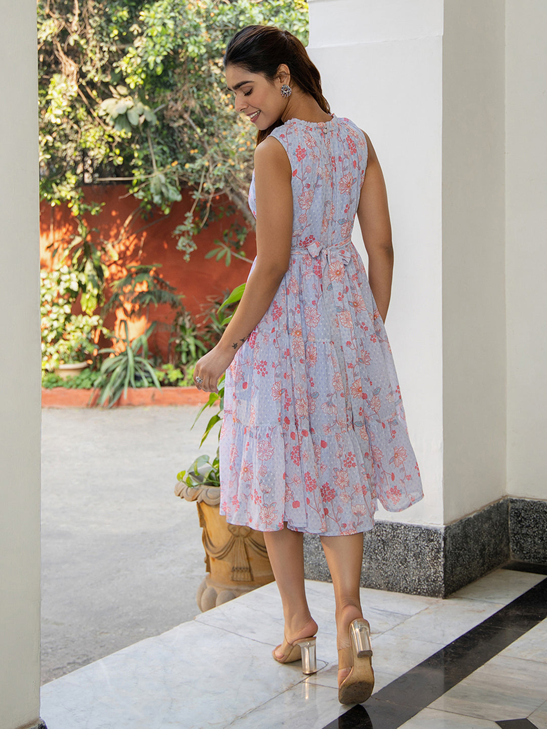 Janasya Lavender Dobby Georgette Floral Tiered Dress | Swadesiicart