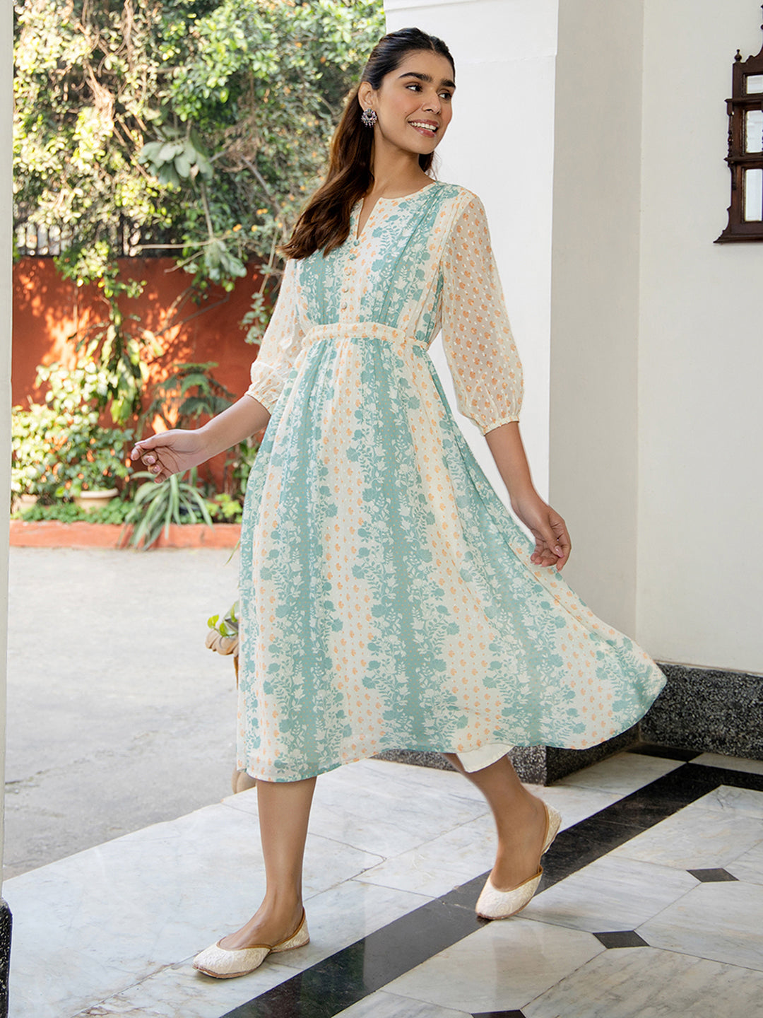 Janasya Off White Dobby Georgette Floral Flared Dress | Swadesiicart