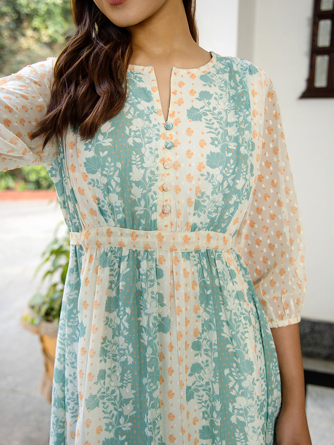 Janasya Off White Dobby Georgette Floral Flared Dress | Swadesiicart