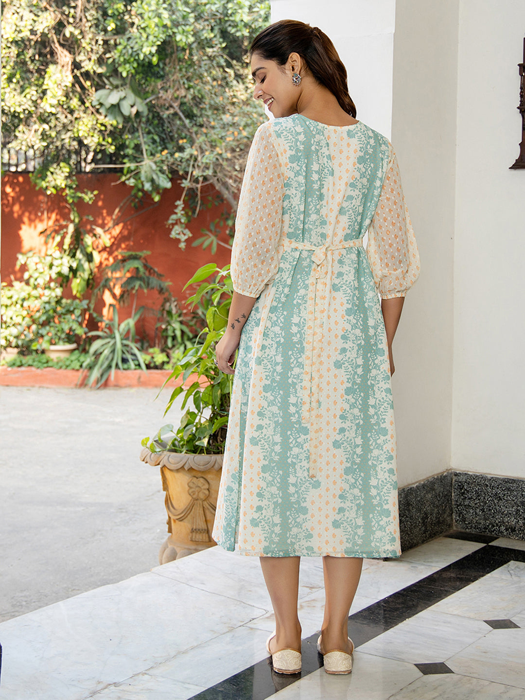 Janasya Off White Dobby Georgette Floral Flared Dress | Swadesiicart