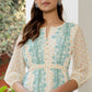 Janasya Off White Dobby Georgette Floral Flared Dress | Swadesiicart
