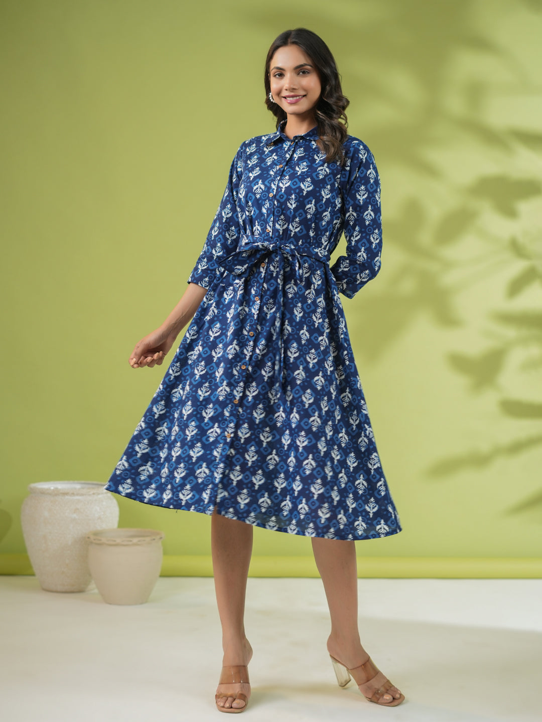 Janasya Dark Cotton Ethnic Motifs Shirt Dress Dress | Swadesiicart