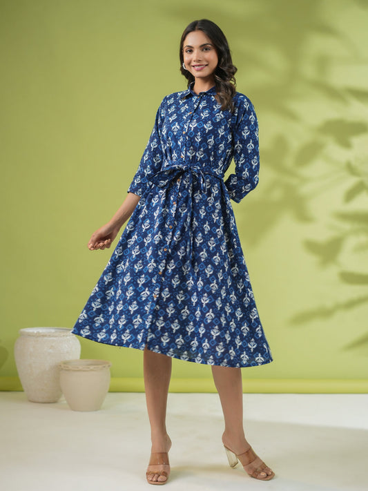 Janasya Dark Cotton Ethnic Motifs Shirt Dress Dress | Swadesiicart