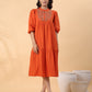 Janasya Pleated Dobby Cotton Rust Embroidered Band Collar Dress | Swadesiicart