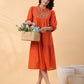 Janasya Pleated Dobby Cotton Rust Embroidered Band Collar Dress | Swadesiicart