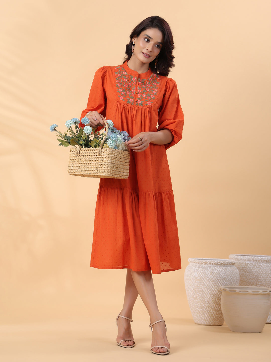 Janasya Pleated Dobby Cotton Rust Embroidered Band Collar Dress | Swadesiicart