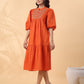 Janasya Pleated Dobby Cotton Rust Embroidered Band Collar Dress | Swadesiicart
