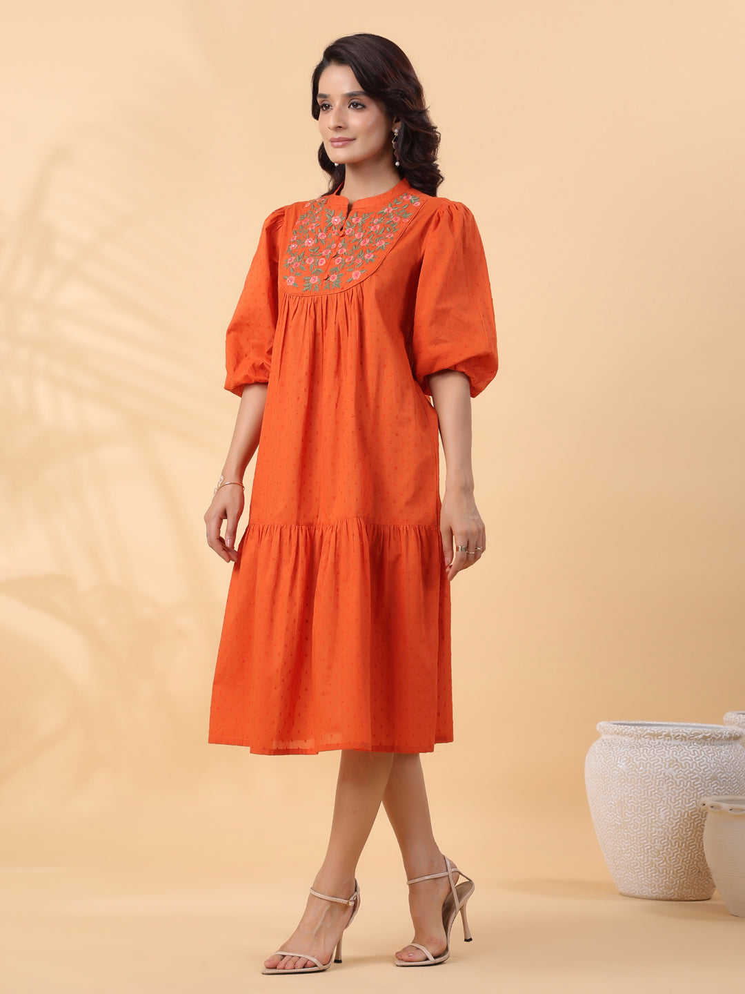Janasya Pleated Dobby Cotton Rust Embroidered Band Collar Dress | Swadesiicart
