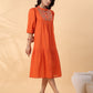 Janasya Pleated Dobby Cotton Rust Embroidered Band Collar Dress | Swadesiicart