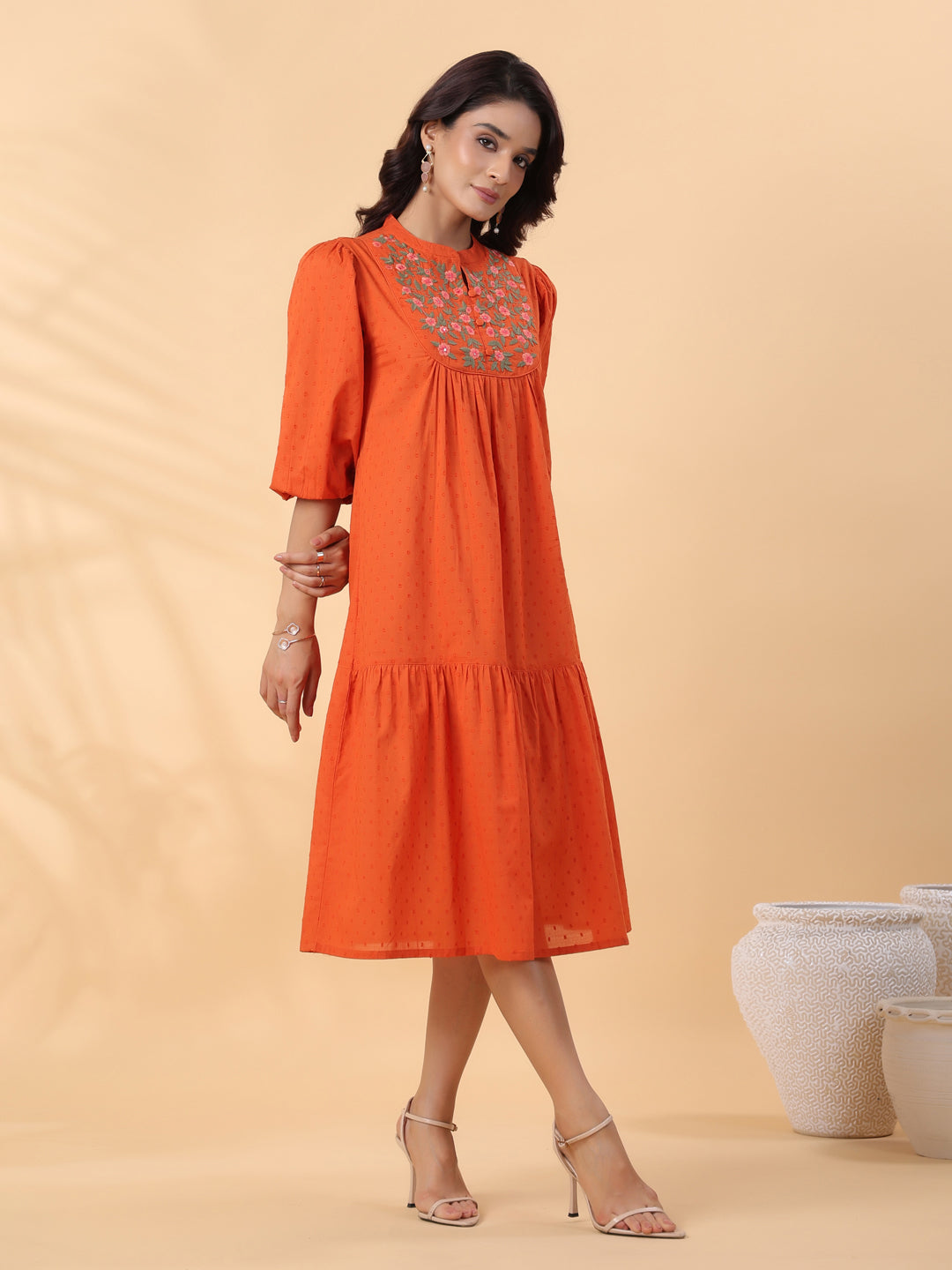 Janasya Pleated Dobby Cotton Rust Embroidered Band Collar Dress | Swadesiicart