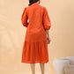 Janasya Pleated Dobby Cotton Rust Embroidered Band Collar Dress | Swadesiicart