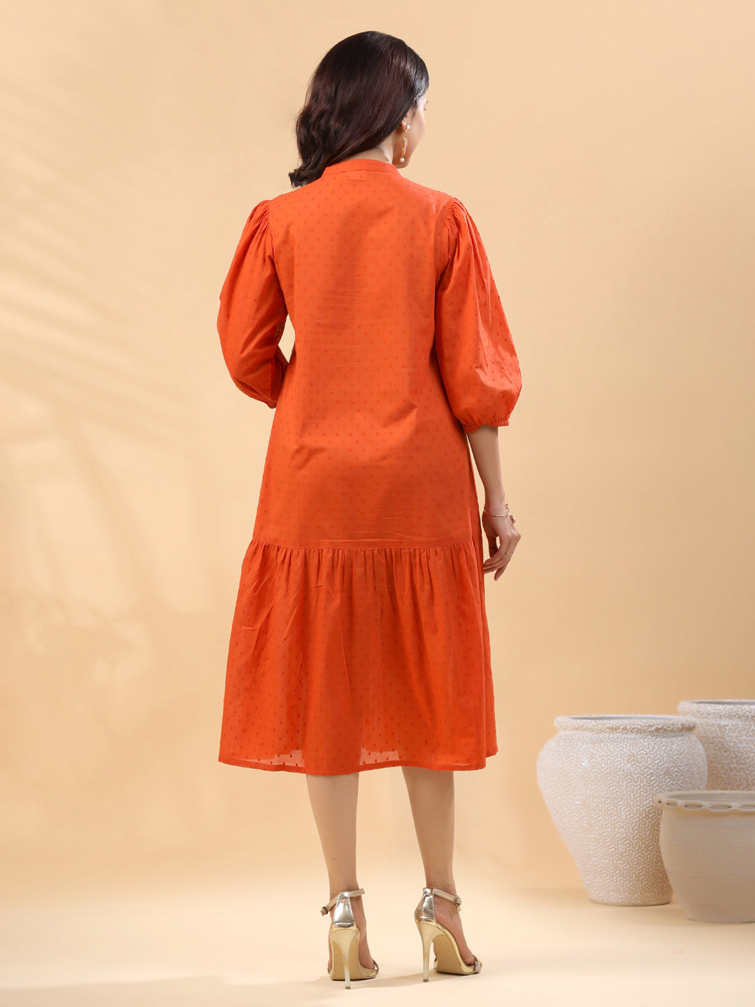 Janasya Pleated Dobby Cotton Rust Embroidered Band Collar Dress | Swadesiicart