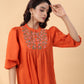 Janasya Pleated Dobby Cotton Rust Embroidered Band Collar Dress | Swadesiicart