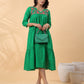 Janasya Pleated Dobby Cotton Green Embroidered V-Neck Dress | Swadesiicart